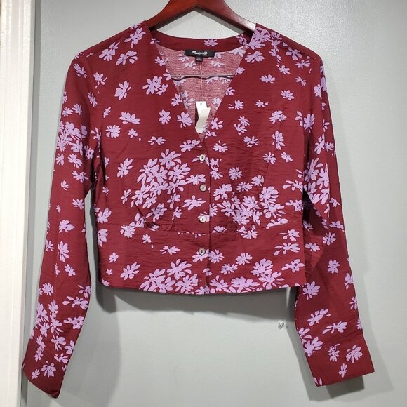 NWT Madewell Button Front V-Neck Cropped Long-Sleeved Cabernet Floral Top Sz XS - Picture 1 of 13